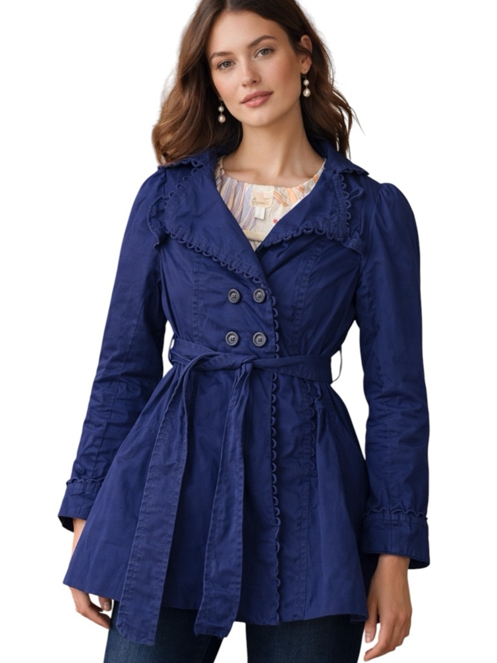 Elevenses Royal Blue Short Double Breasted Trench Coat Size 2 with Belt